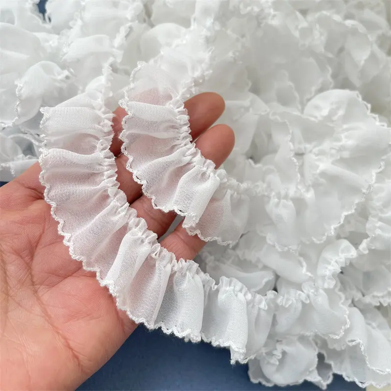Wholesale White Chiffon Beaded Ruffle Lace Trim Single Layer Pleated Ribbon Diy Sewing Craft Accessories