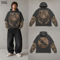 Sweat à capuche homme streetwear camouflage vintage personnalisé, effet superposé, en coton 450 GSM, manches camouflage aigle, strass, effet vieilli, OEM ODM
