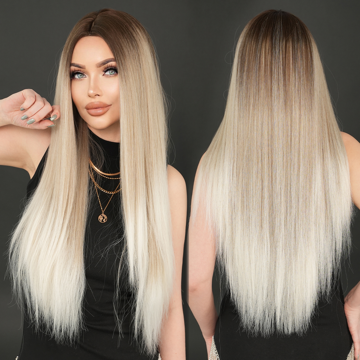 Ombre Gray Beauty Wig Silver Gray Ombre Wig With Bangs: Wavy Synthetic Cosplay Wig  main image 2