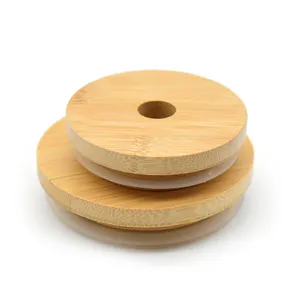 Terukir LOGO Dapat Digunakan Kembali Bambu Kayu Biasa Mulut Mason Jar Tutup Kaca Wadah Penyimpanan Tutup Bambu