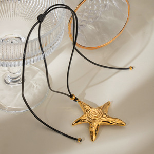 Starfish Pendant Necklace Stainless Steel Gold Plated Black Waxed <b>Rope</b> <b>Chain</b> Geometric Design Fashion Jewelry - Product Image 2