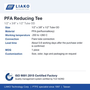 ข้อต่อทีลดขนาด PFA 1/2" x 3/8" x 1/2" สำหรับท่อขนาด OD ที่มีปลายบาน ทนทานต่อสารเคมีที่มีความบริสุทธิ์สูง สำหรับกระบวนการเปียกในวงจรเซมิคอนดักเตอร์ - Product Image 6