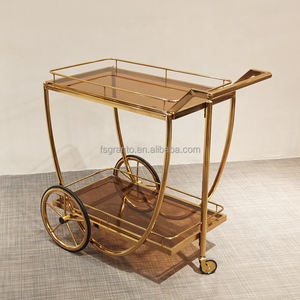 รถเข็นบาร์เหล้าโลหะ 2 ชั้น สีทอง สำหรับใช้ในบ้าน โรงแรม ร้านอาหาร บริการจัดส่งอาหารและเครื่องดื่ม เชิงพาณิชย์ - Product Image 2