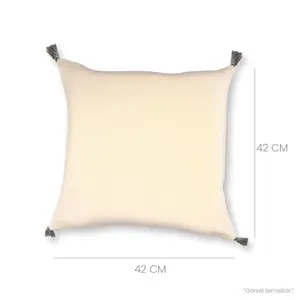 Cojín Decorativo de Tela de Algodón Auténtico con Encaje Bohemio Bordado, Pompones y Patrón Geométrico Cruzado - Product Image 3