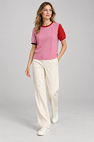 Pull en tricot à manches courtes personnalisé pour femme, col rond, color block, décontracté, vente en gros, fabricant