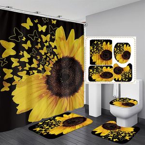 Papillon tournesol 4 pièces rideau de douche et tapis ensemble décor à la maison accessoires de salle de bain Stocks - Product Image 2