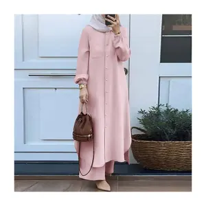 Wholesale Fashion Elegant Modest Simple Plain Islamic Clothing Two-Piece Muslim Women Casual Retro Shirt Blouse and Pant Set