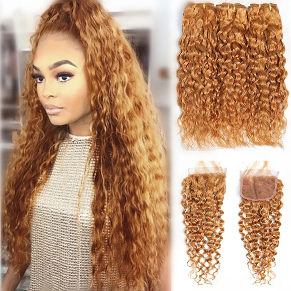 wholesale good quality 100% cuticle aligned hair honey blonde brazilian hair extension color 27 water wave bundles with closure