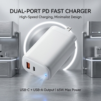 Chargeur GaN 65W Max, adaptateur de charge rapide USB-C 2 ports, prise US EU UK en AU, chargeurs muraux QC PD pour téléphone, ordinateur portable, tablette