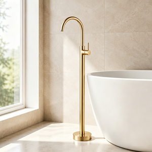 Robinet sur pied gris, finition minimaliste, monocommande, pour lavabo de salle de bain - Product Image 3
