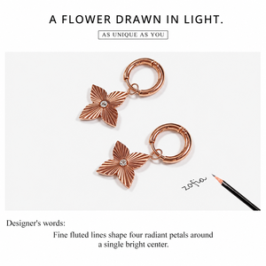 Boucles d'oreilles créoles en or rose avec zircone cubique, boucles d'oreilles pendantes à quatre pétales cannelés pour femmes - Product Image 2