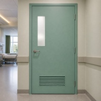 Porte de salle de bain pour blocs opératoires, couleur vert marine, avec fenêtre en verre dépoli et grille de ventilation inférieure