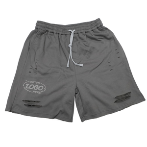 Shorts Bermuda déchirés gris pour hommes avec cordon de serrage, logo personnalisé sur le devant, en coton décontracté, taille mi-haute, respirants - Product Image 4