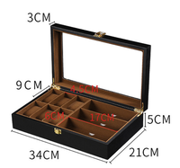 Boîte de rangement pour lunettes de soleil et bijoux pour homme en cuir grain de bois rouge, 1 ou 2 niveaux, avec fenêtre en verre, pour bagues et colliers