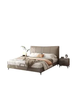 King Size Upholstered Platform Bed with First Layer Cowhide Padded Headboard Modern Luxury Bed Frame with Slats Support