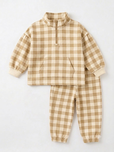 Ensemble pull mi-zippé à carreaux et jogging pour enfants, survêtement doux à col montant pour filles, vêtements assortis pour jumelles, collection automne pour enfants - Product Image 5