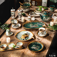 Vente en gros LovingHome, ensembles de vaisselle en porcelaine fine de luxe, motif feuilles vertes, compatible lave-vaisselle/micro-ondes/four