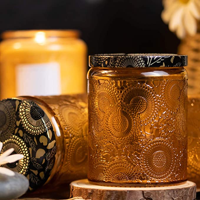 Amber Embossed Glass Candle Container with Lid and Labels, 8 oz - Pack of 9