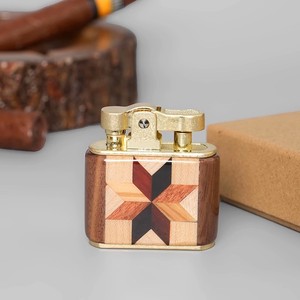 <b>Windproof</b> <b>Lighter</b> Square Wood Inlay Design Side Sliding Wheel Cigar Accessory Portable Men's Gift - Product Image 1