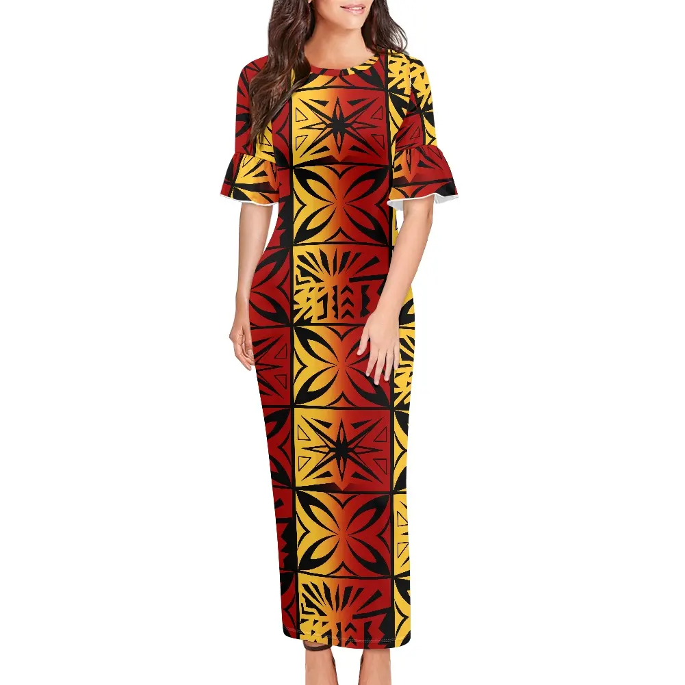 Summer Women Elegant Bodycon Long Dresses Polynesian Tribal Clothing Samoa Hawaiian Tapa custom Print Short Sleeve Maxi Dress