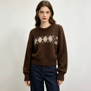 Cream <b>Argyle</b> Knit <b>Sweater</b> Women Crew Neck Pullover Long Sleeve Crocheted Knitwear Casual Daily Wear - Product Image 3