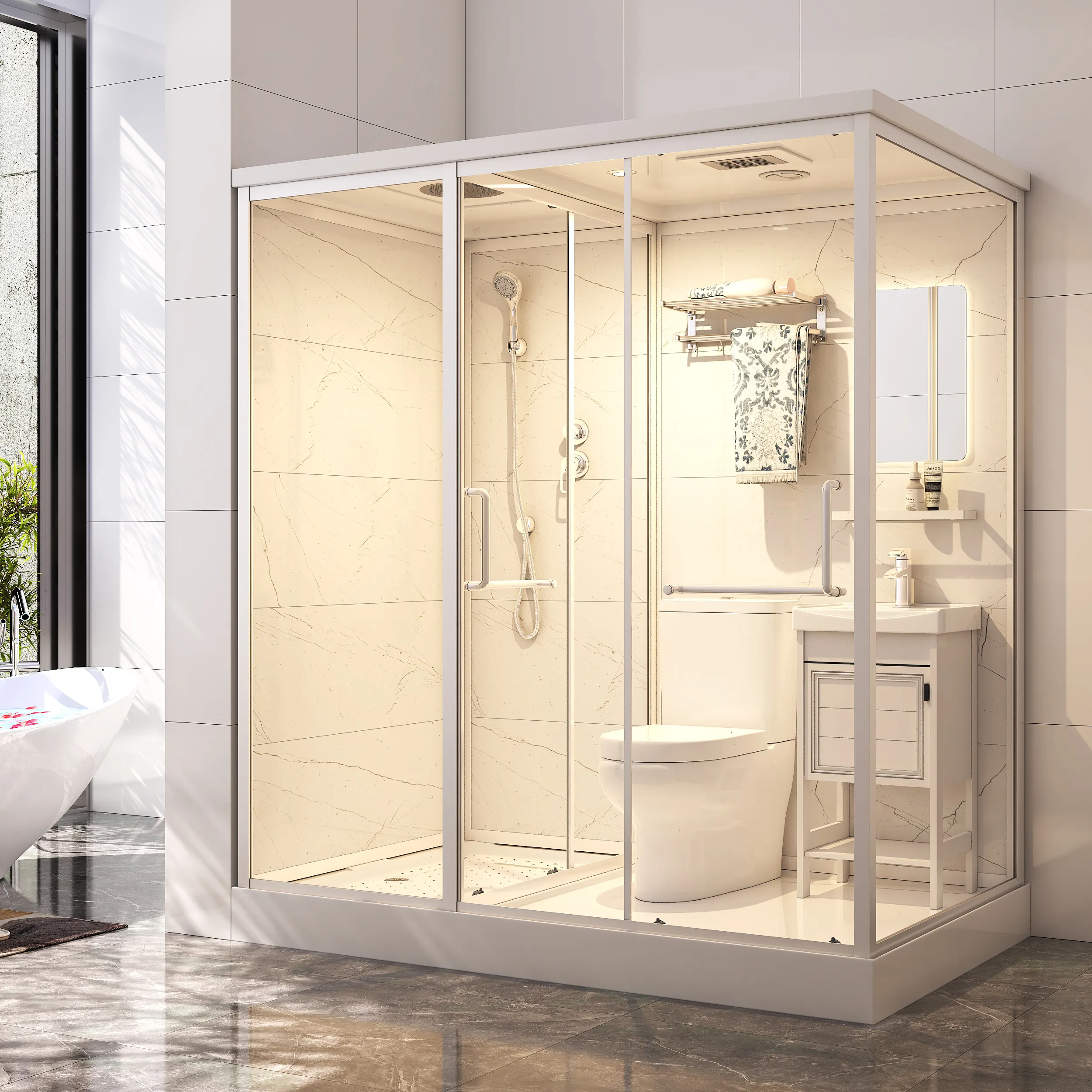 Lusso prefabbricato per bagno baccelli porta scorrevole tutto in un unico bagno set con soffione doccia e servizi igienici