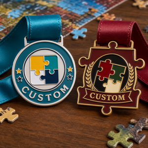 Médaille de puzzle personnalisée OEM ODM en alliage de zinc émaillé dur ou souple, avec ruban satiné cyan et rouge, <span class=keywords><strong>pour</strong></span> jeu de puzzle caritatif sur le thème de l'autisme - Product Image 1