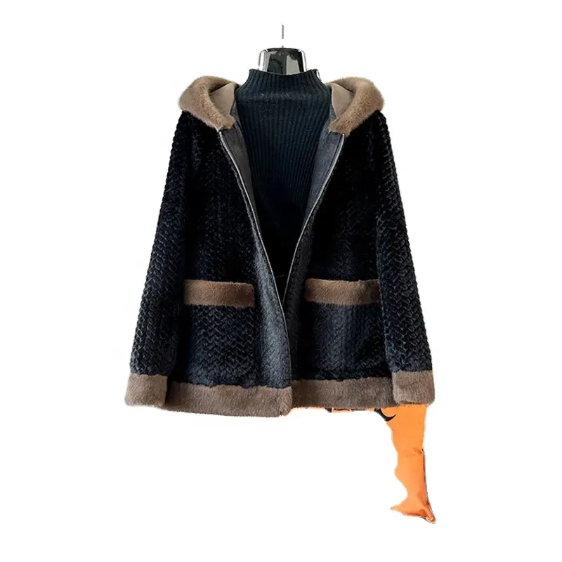 2023 mùa đông phụ nữ Faux Fur ấm áo tổng hợp Mink Fur trùm đầu Mid-Length Áo khoác mùa đông Parka jt3450
