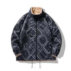 Trendy winter clothing polar fleece jacket custom thick collared reversible vintage paisley all over print jacket for men