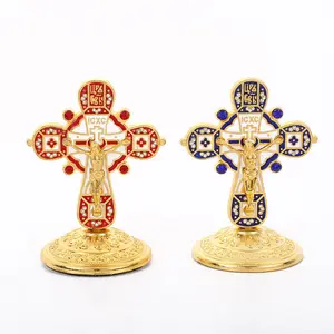 KOMI Vintage Table Standing Ornaments Gold Plated Blue Red Enamel Religious Cross for Home Church Car Decoration Crafts Gifts