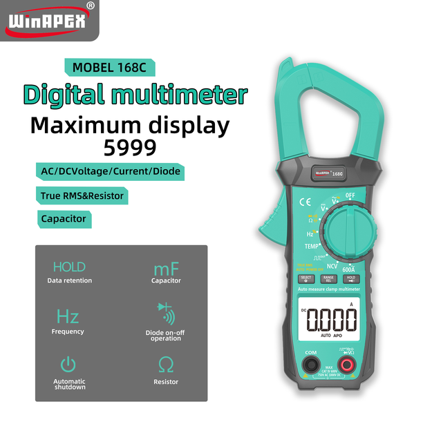 WinAPEX 168C Digital Clamp Meter 600A Auto Range True RMS Capacitance Resistance Temperature NCV Live Test CAT IV 600V