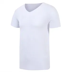 カスタム印刷刺Embroideryロゴ伸縮性モーダルスパンデックスブレンドTシャツ半袖Vネック通気性トレースレスTシャツ