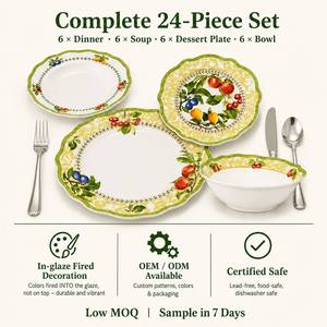Service de table 24 pièces en porcelaine New Bone China In-glaze, motif Jardin et <span class=keywords><strong>Verger</strong></span>, bord festonné vert, assiettes et bols à motif de fruits pour 6 personnes - Product Image 6