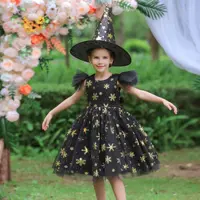 Kinderen Halloween Cosplay Kostuum Meisje Jurk Met Heks Hoed Pluizige Prinses Meisjes Kleding Meisjes Feestjurk Voor Jaar 1-10