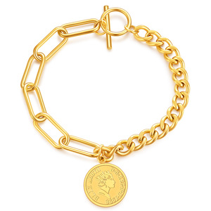 Bracelet Elizabeth Coin 16MM avec fermoir OT en alliage de zinc doré, bijou fantaisie pour femme, cadeau - Product Image 1