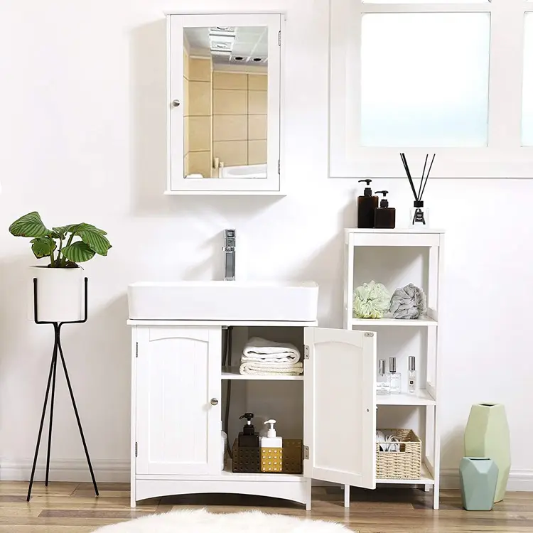 VASAGLE לבן מודרני עץ תחת כיור אחסון ארון אמבטיה רהיטי יהירות עם 2 דלת מתכוונן מדף