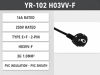 YR-102 Europäischer Typ E+F Schuko-Stecker Netzkabel, 16A 250V H03VV-F 3G1.0mm2 PVC-Isolierung PVC-Ummantelung