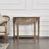 Table console demi-ronde en chêne antique avec rangement, meuble de salon au design vintage moderne, plateau à panneaux