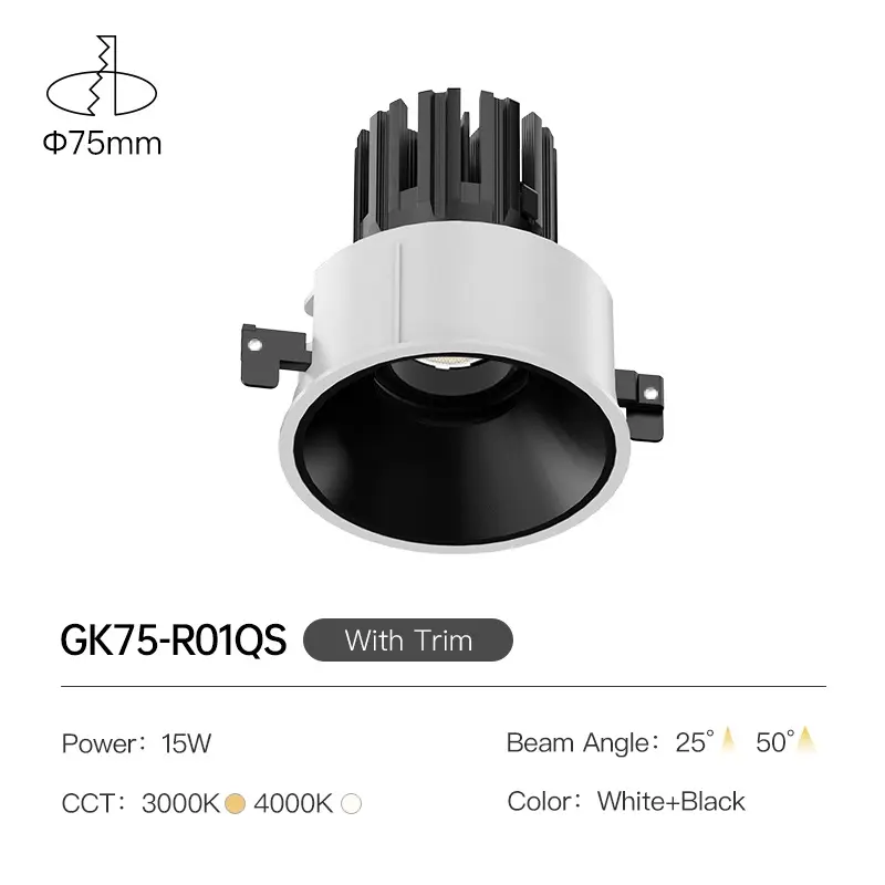 XRZLux 15W CCT Lâmpada de mudança regulável LED inteligente embutida embutida Anti-reflexo ETL LED Refletor de teto regulável para hotel luz do ponto COB