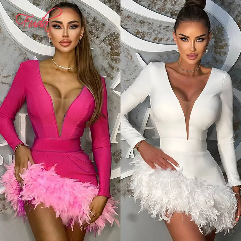 FUDA AB656 2 Colors Sexy V-Neck Fashionable Party Feather Skirt Bandage Short Dress Evening Dress