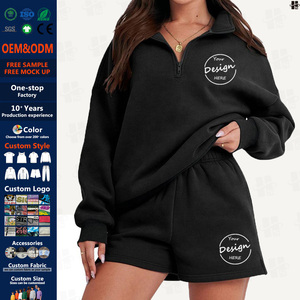 Abiti da donna personalizzati 2 pezzi oversize mezza Zip tuta corta felpa in pile di cotone abbinata set da salotto - Product Image 1