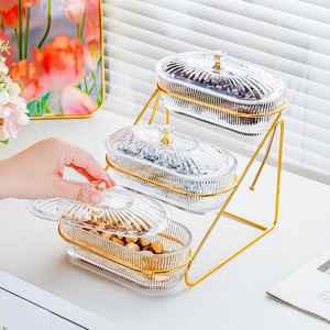 Bol à fruits ovale transparent en plastique avec couvercle, type sur pied, conteneur alimentaire à plusieurs niveaux pour la maison, le salon, la table basse - Product Image 4