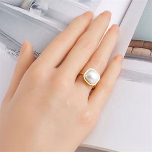 Fashion Vintage <b>Pearl</b> Square Shaped Four Sided Open 18K Gold Plated Stainless Steel Trendy Unisex <b>Ring</b> - Product Image 2