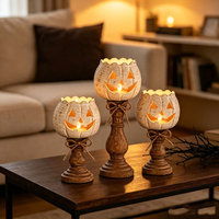 Lanterne à bougie sur piédestal, blanc vieilli, en forme de citrouille, pour décorations de table d'automne et d'Halloween