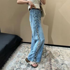 Jean tissé ajouré Design Sense 2026 pour femme, taille haute, coupe ample, jambe large, longueur au sol - Product Image 3