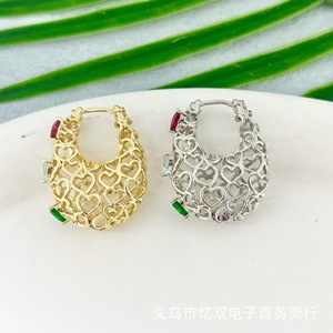 Heart Shape <b>Huggie</b> Earrings Gold <b>Silver</b> Colorful Zircon Women's Everyday Wear - Product Image 2
