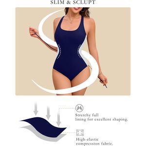 Women One Piece Swimsuit <b>Tummy</b> <b>Control</b> Slimming Scoop Neck Color Block Bathing Suit Spandex Polyester Swimwear - Product Image 4