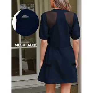 Fisoew Mini vestido de manga corta para mujer, cuello en V, ajuste holgado, vestido informal de verano con bolsillos, tela tejida transpirable - Product Image 4