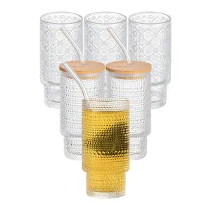 16 oz frisado em relevo vidro sippy copo 4 pcs/set engrossar vidro palha suco garrafas de chá brinde promocional copos