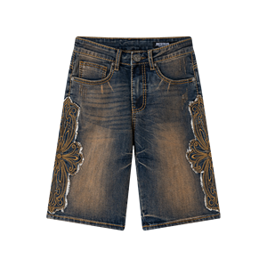 EN STOCK – Nouveauté : Short en jean pour homme, coupe droite, taille mi-haute, brodé, avec surpiqûres robustes et effet délavé Monkey Washed - Product Image 1